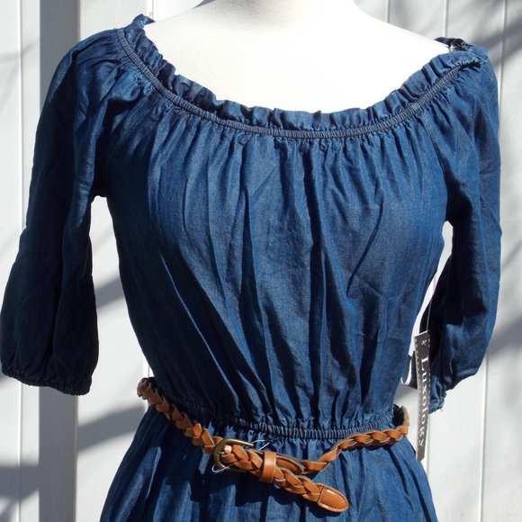 Peasant Off Shoulder Denim Dress Brand New - Picture 7 of 7